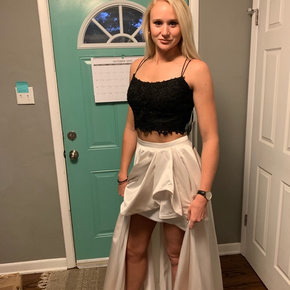 Sherri Hill Two-piece Black Lace/Ivory Satin Gown - Picture 2 of 8